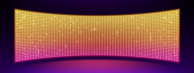 Free vector realistic concave led screen on wall or stage vector illustration of large tv display with glowing neon yellow pink dot lights on black background digital score panel with diode lamps for stadium