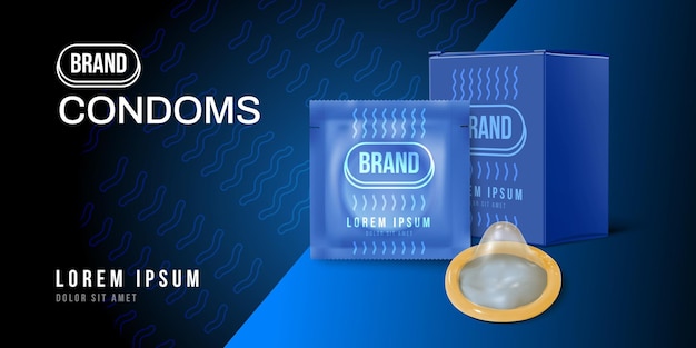 Реалистичный горизонтальный плакат презерватива с рекламной композицией пакета презерватива с редактируемым текстом на градиентной фоновой векторной иллюстрации