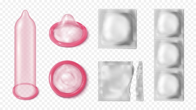 Free vector realistic condom set of isolated icons on transparent background with purple condoms and silver wrap packaging vector illustration