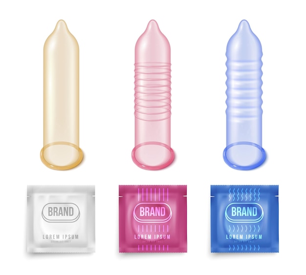 Free vector realistic condom set of isolated icons with ribbed condoms of different color and branded wrap packs vector illustration