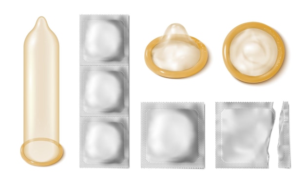 Free vector realistic condom set with isolated icons of classic silicon condoms with silver wrapping on blank background vector illustration