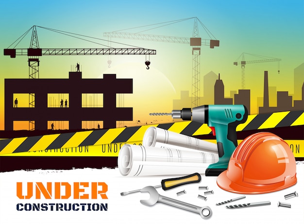 Realistic construction background with under construction headline and different equipment on front side  illustration