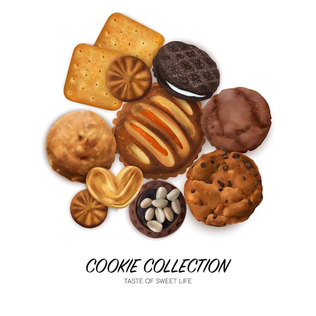 Realistic cookies concept with chocolate sandwich and hearts cookies