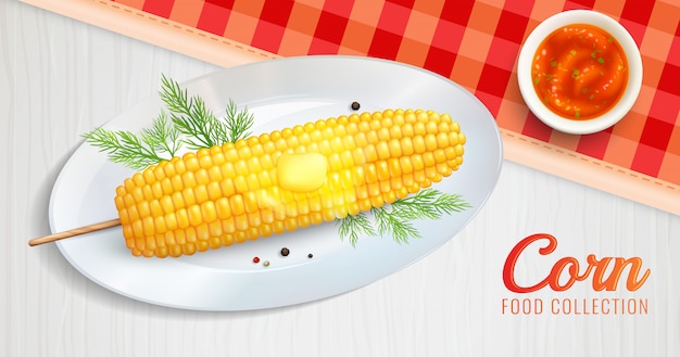 Realistic corn on plate illustration