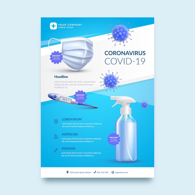 Realistic coronavirus medical products flyer template