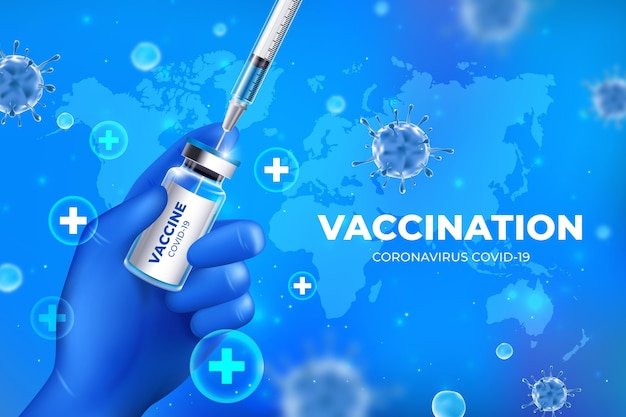 Realistic coronavirus vaccine background with hand holding syringe