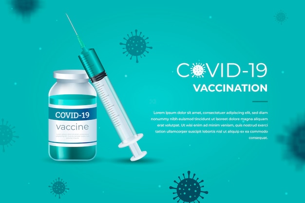 Sfondo realistico del vaccino contro il coronavirus con siringa e bottiglia