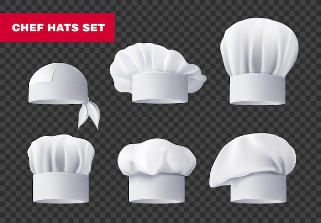 Realistic culinary chef hats icon set different styles like a bandana and like a white hat vector illustration