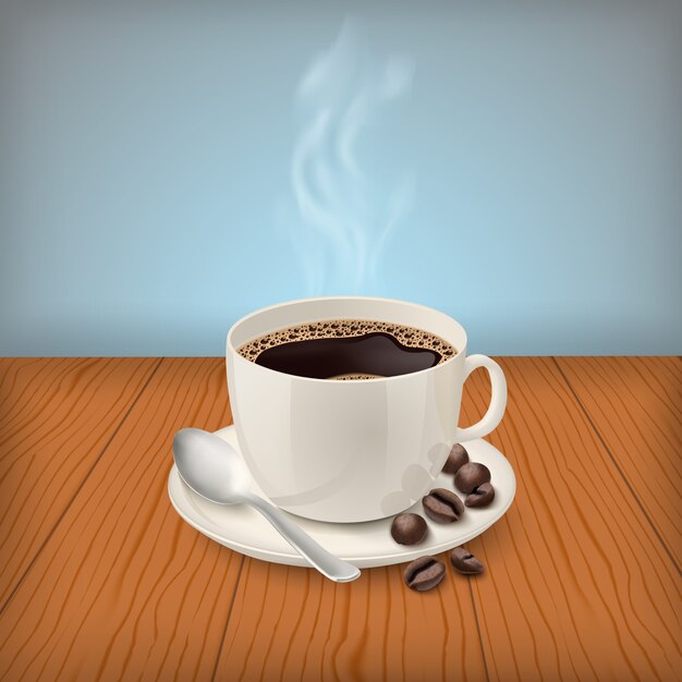 Realistic cup with black classic espresso on the table