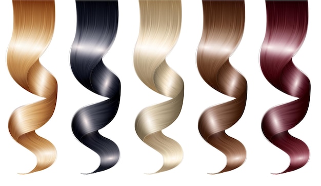 Vettore gratuito riccioli realistici set di capelli femminili con bobine di capelli naturali isolati dipinti in vari colori e illustrazione vettoriale ombra