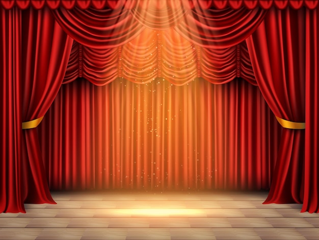 無料ベクター 光のスポットと背景のベクトル図を持つ劇場ステージの正面図を備えた現実的なカーテンステージ構成