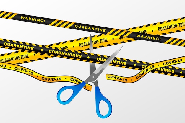 Realistic cut quarantine tape with scissors