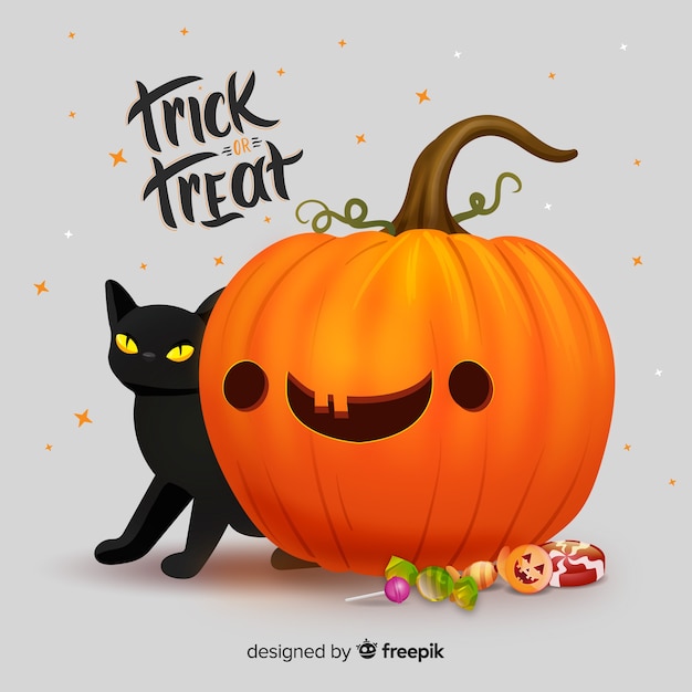 Realistic cute halloween pumpkin with cat