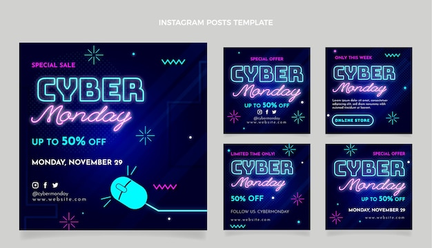 Vettore gratuito raccolta realistica di post instagram del cyber lunedì