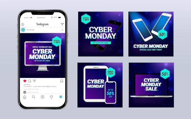 Free vector realistic cyber monday instagram posts collection