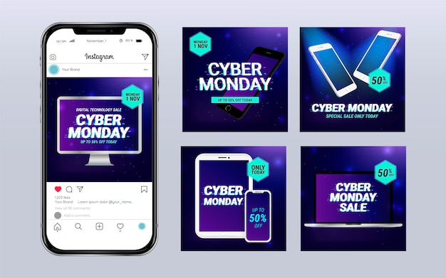 無料ベクター 現実的なサイバーマンデーのinstagramの投稿コレクション