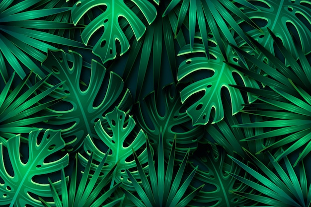 Free vector realistic dark green tropical leaves background