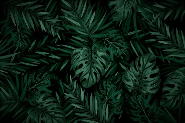 Realistic dark tropical leaves background