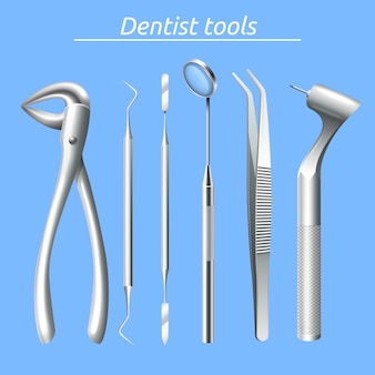 Realistic dentist tools and tooth healthcare equipment set
