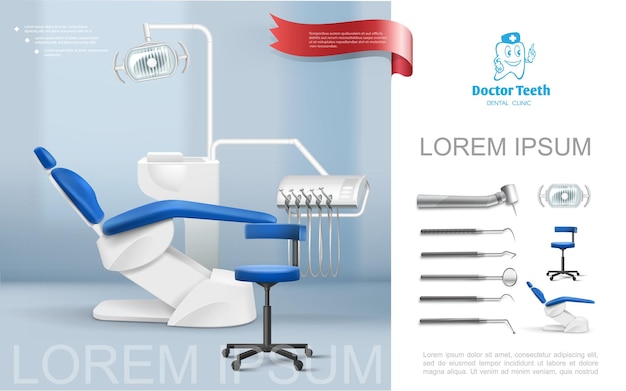 Реалистичная композиция на рабочем месте стоматолога с медицинским креслом, лампой, зубными машинами, крючками, зеркальным скалером