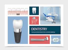 Бесплатное векторное изображение Реалистичная композиция элементов стоматологии с зубными имплантатами, зубная машина, лампа, рабочее место стоматолога, изолированных иллюстрация