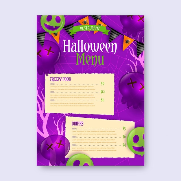 Modello di menu di halloween dal design realistico