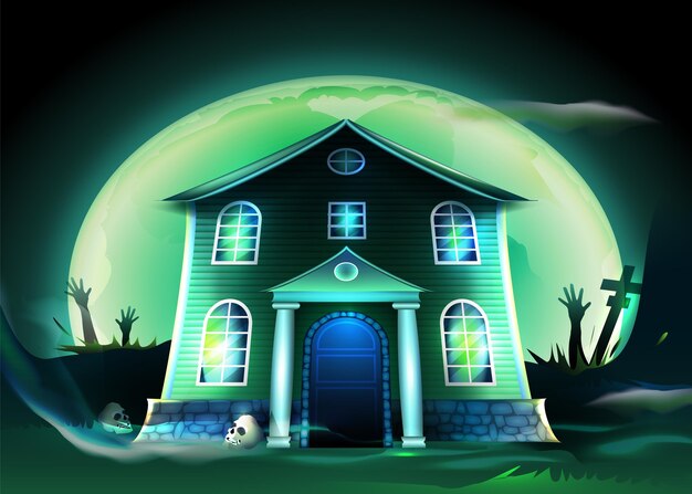 Realistic design spooky halloween house