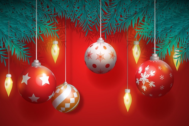 Realistic different christmas ball ornaments in tree