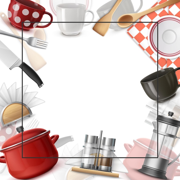 Реалистичная посуда красочный шаблон с рамкой для текста вилки для ножей шпатель деревянная ложка чашки кастрюля чайные тарелки соль и перец салфетки