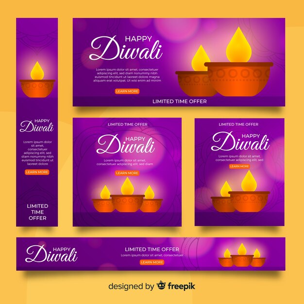 Realistic diwali and candles web banners