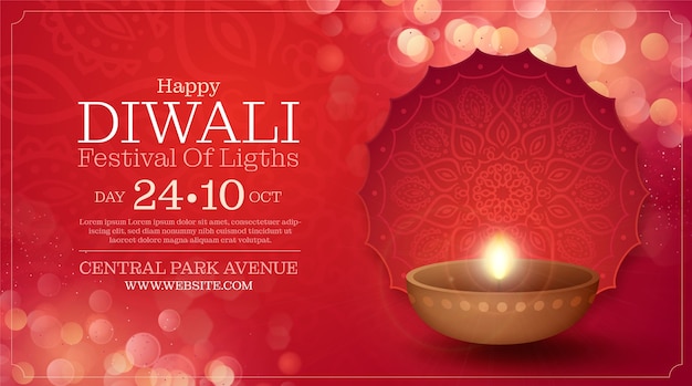 Vettore gratuito modello di banner orizzontale realistico del festival di diwali