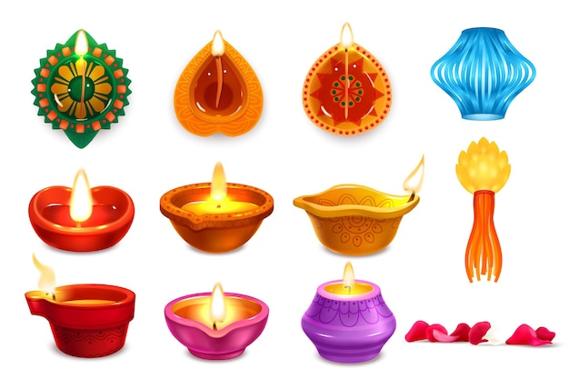 Free vector realistic diwali icons set with traditional lamps and other symbols isolated vector illustration