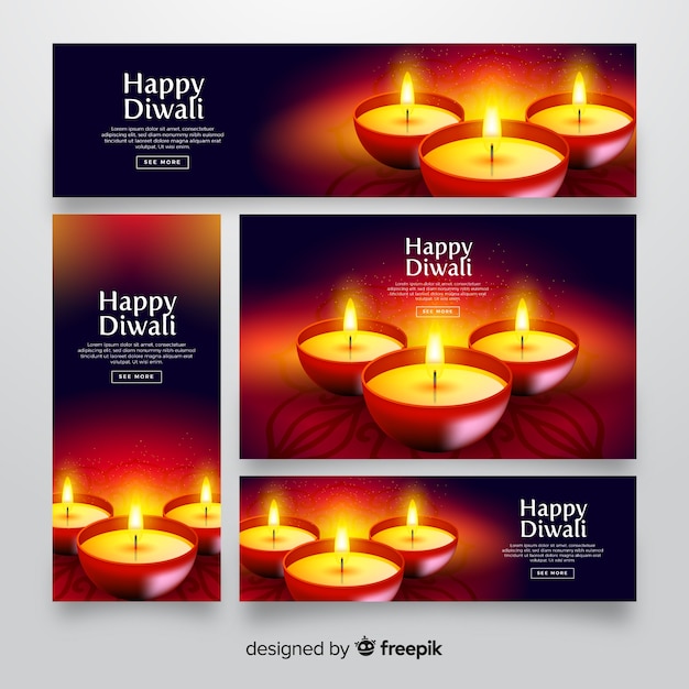 Vettore gratuito realistici banner web diwali con candele