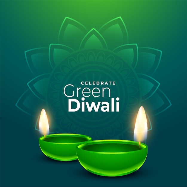 Realistic diya design for green diwali greeting background