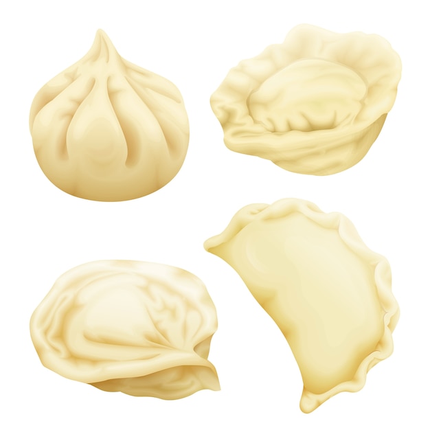 Realistic dumplings set. Vareniki pierogi ravioli khinkali pelmeni manti momo tortellini.
