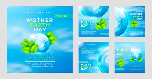 Free vector realistic earth day instagram posts collection with planet and leaves