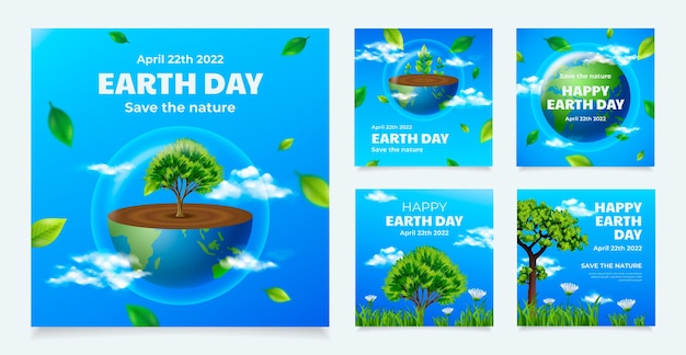 Free vector realistic earth day instagram posts collection