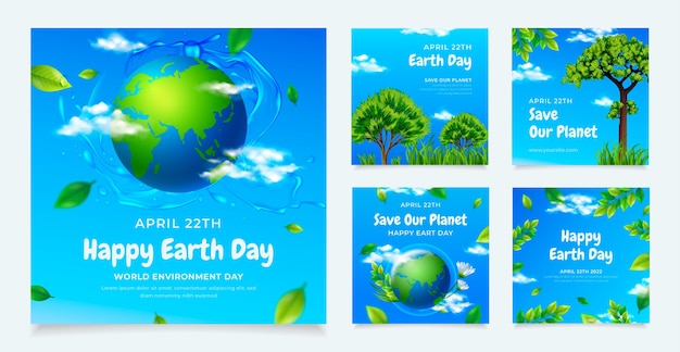 무료 벡터 현실적인 지구의 날 인스타그램 게시물 모음