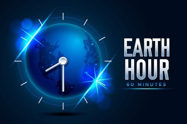 Realistic earth hour illustration with planet and clock