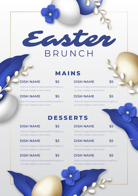 Vettore gratuito modello di menu realistico per il brunch di pasqua