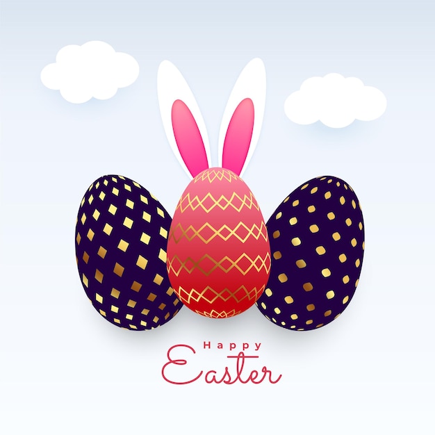 Free vector realistic easter eggs background with clouds and bunny ear