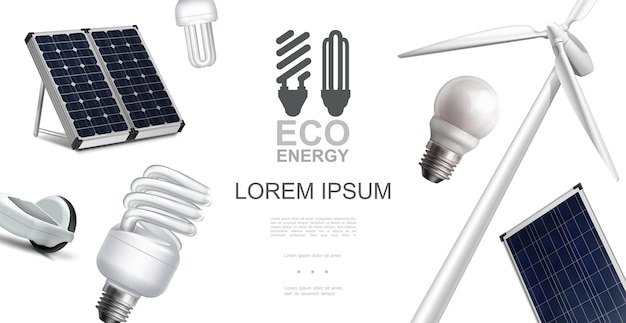 Free vector realistic eco energy elements concept with windmill solar panels and energy saving electric light bulbs illustration