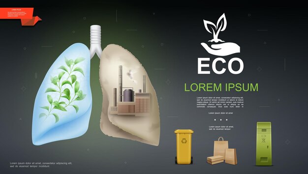 Realistic eco and nature template with green plant and industrial factory in different lungs plastic bins