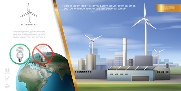 Realistic ecology energy template with clean Earth planet energy saving lamp windmills and eco factory illustration