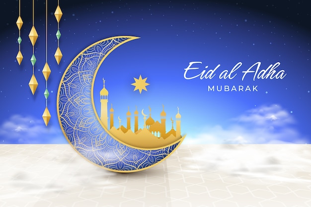 Realistic eid al-adha background with city in crescent moon