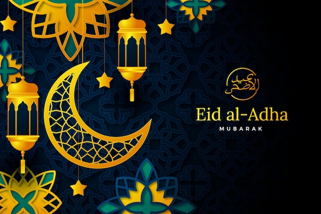 Free vector realistic eid al-adha background with crescent moon