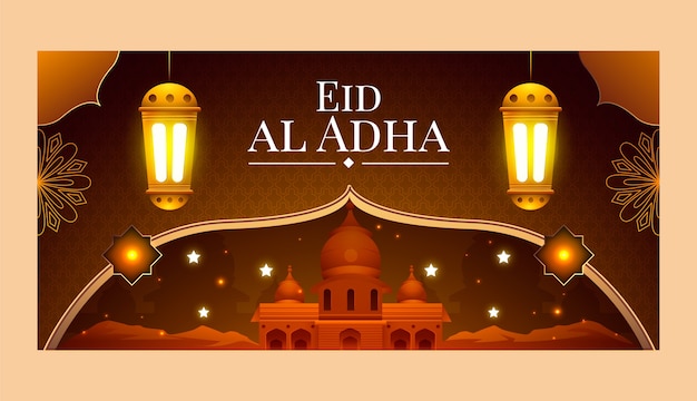 Free vector realistic eid al-adha horizontal banner template with lanterns and palace