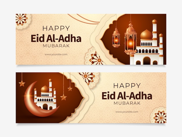 무료 벡터 등불과 궁전이 있는 현실적인 eid al-adha 가로 배너