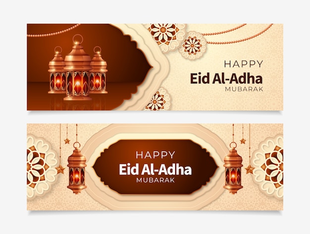 Free vector realistic eid al-adha horizontal banners set with lanterns