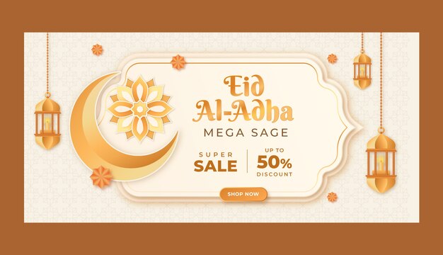 Realistic eid al-adha horizontal sale banner template with lanterns and crescent moon